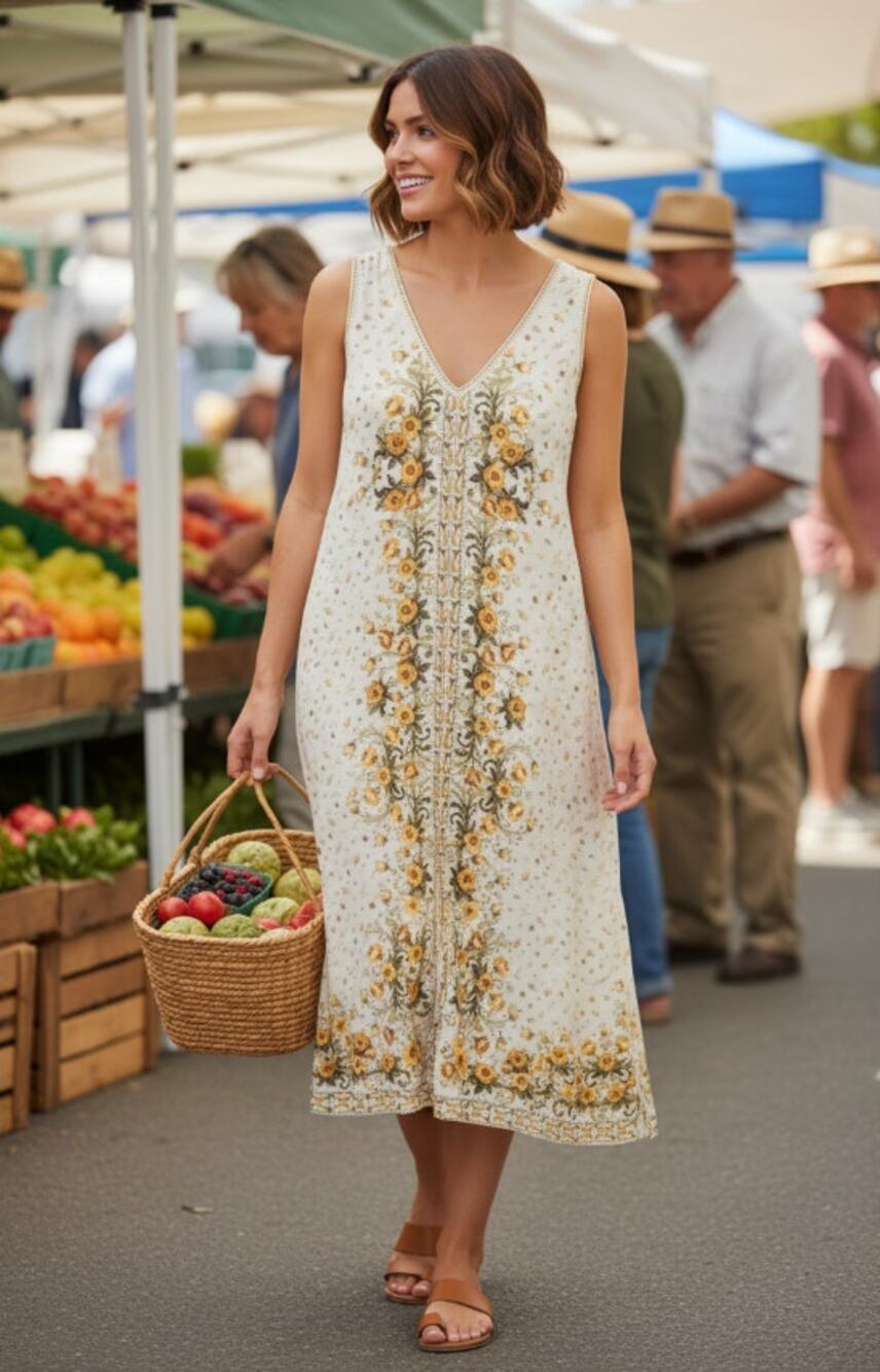 MAX STUDIO WOMENS V-NECK FLORAL BORDER PRINT MAXI LINEN BLEND CREAM SIZE MEDIUM